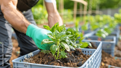 A person is actively gardening, wearing gloves, and tending to green plants in a garden, focusing on plant care and cultivation for a healthy environment. photo