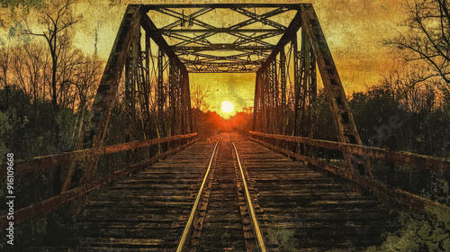 Old train trestle bridge at sunset with grunge texture