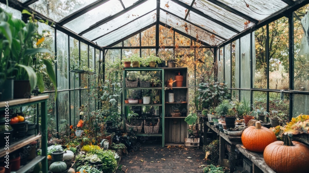 A greenhouse filled with potted plants, pumpkins, and other fall decorations. A greenhouse filled with potted plants, pumpkins, and other fall decorations.