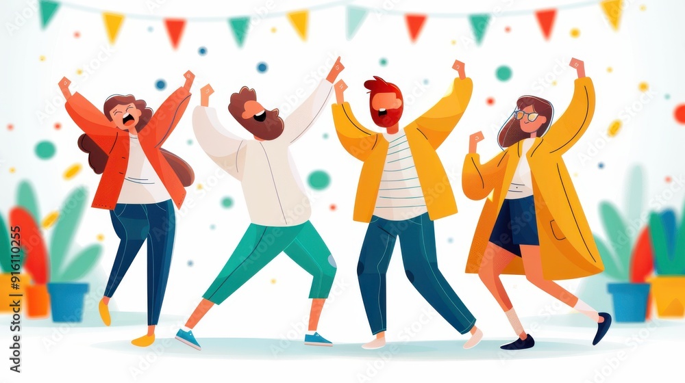 An animated group of people is celebrating joyfully, with bright decorations in the background, representing happiness, community, and the festive spirit in a colorful and cheerful style. An animated group of people is celebrating joyfully, with bright decorations in the background, representing happiness, community, and the festive spirit in a colorful and cheerful style.