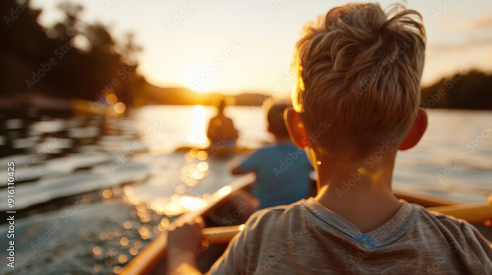 Fototapeta premium A young boy is seen rowing a boat, leading towards others on a lake during a golden sunset, depicting a sense of adventure, exploration, and natural beauty.