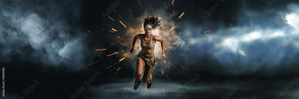 soldier woman running athlete explosion boom smoke soldier woman running athlete explosion boom smoke