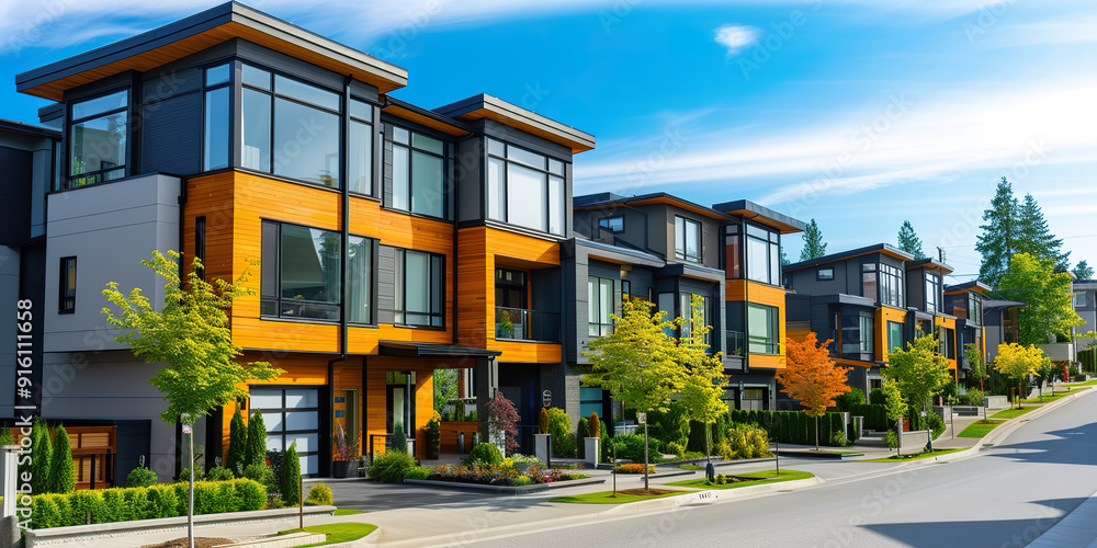 Modern Townhouses with Expansive Windows and Lush Landscaping. Modern Townhouses with Expansive Windows and Lush Landscaping.