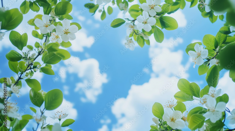 Obraz premium Blue sky with white flowers and leafy green decoration