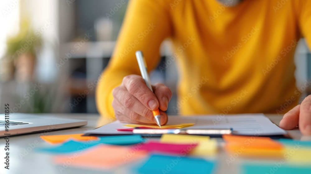 A close-up of a person's hand writing with a pen at a desk filled with colorful sticky notes and documents, signifying organization, focus, and productivity in the modern world. A close-up of a person's hand writing with a pen at a desk filled with colorful sticky notes and documents, signifying organization, focus, and productivity in the modern world.