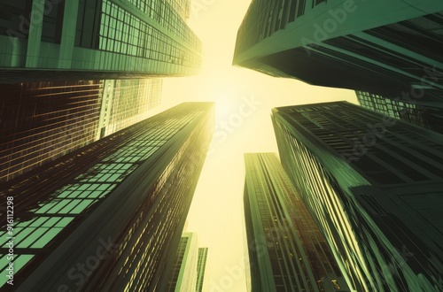 Upward View of Skyscrapers with Sun