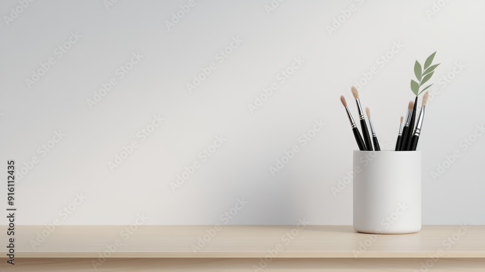 Obraz premium An elegant, minimalist ceramic brush holder with artist tools, arranged on a simple, wooden desk.