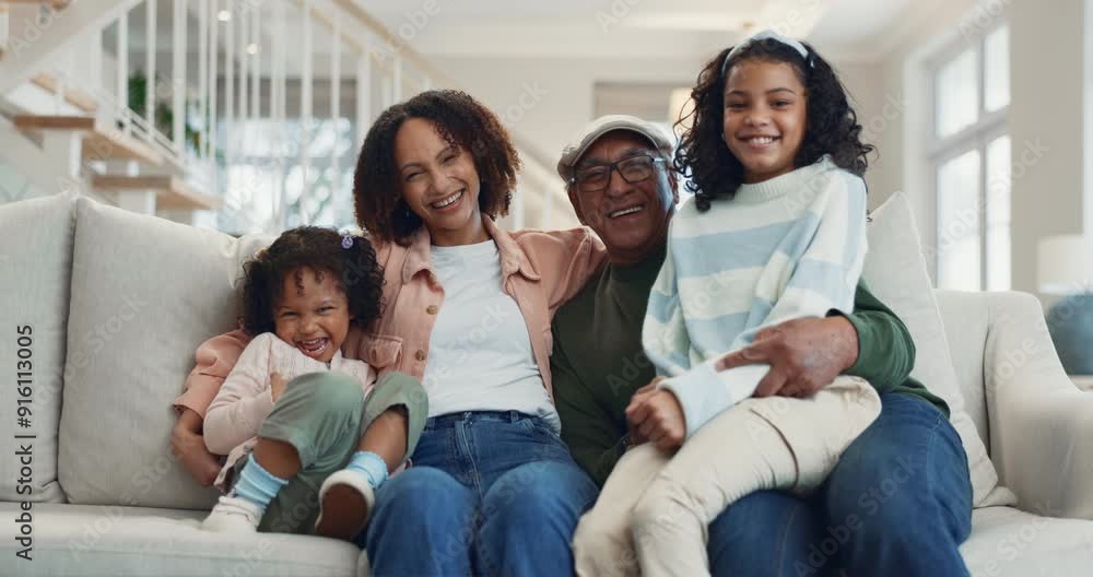 Face, home and children with mother and grandfather on sofa in living room for bonding together. Happy, love and portrait of kids hugging and resting with mom and senior man for family time at house. Face, home and children with mother and grandfather on sofa in living room for bonding together. Happy, love and portrait of kids hugging and resting with mom and senior man for family time at house.