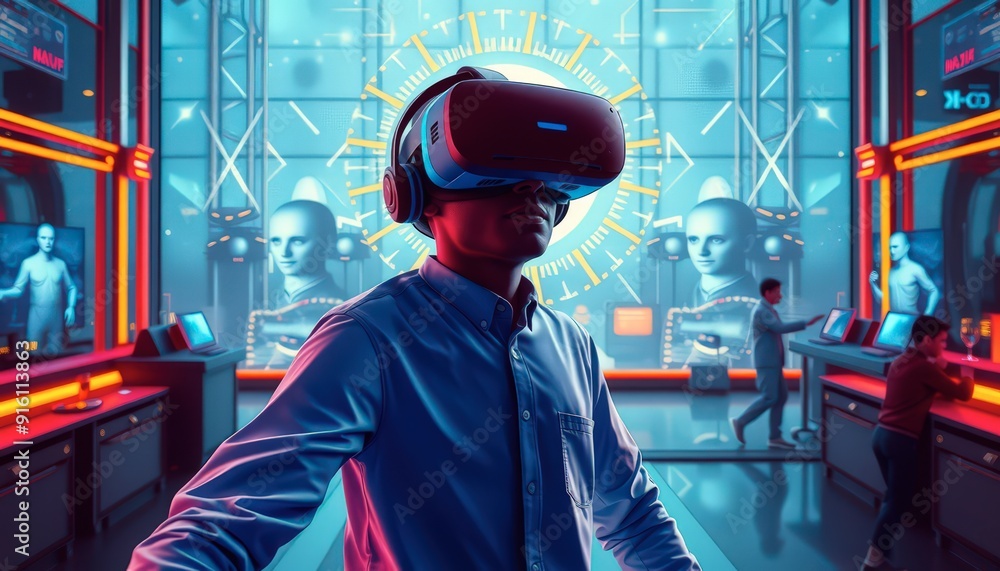 Man Experiencing Virtual Reality in a Futuristic Setting. Man Experiencing Virtual Reality in a Futuristic Setting.