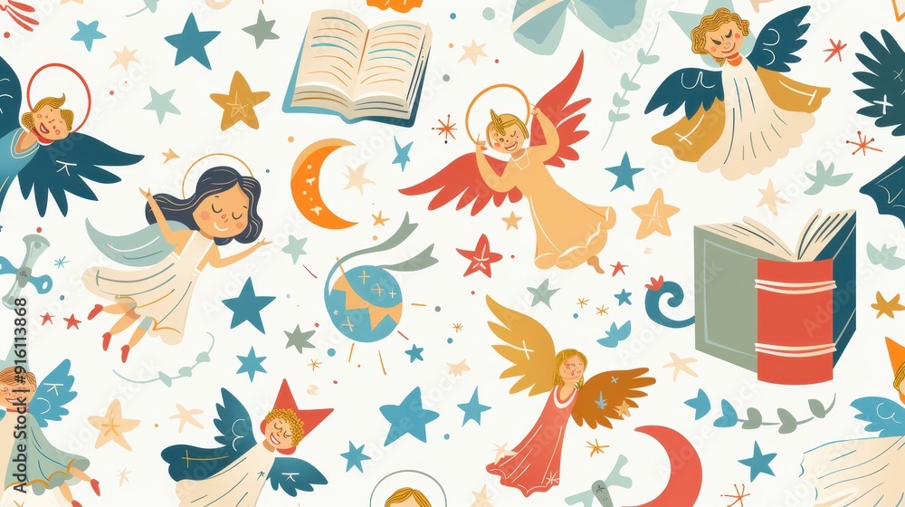 Fototapeta premium Whimsical angels, stars, and books float on a vibrant, magical background filled with celestial designs