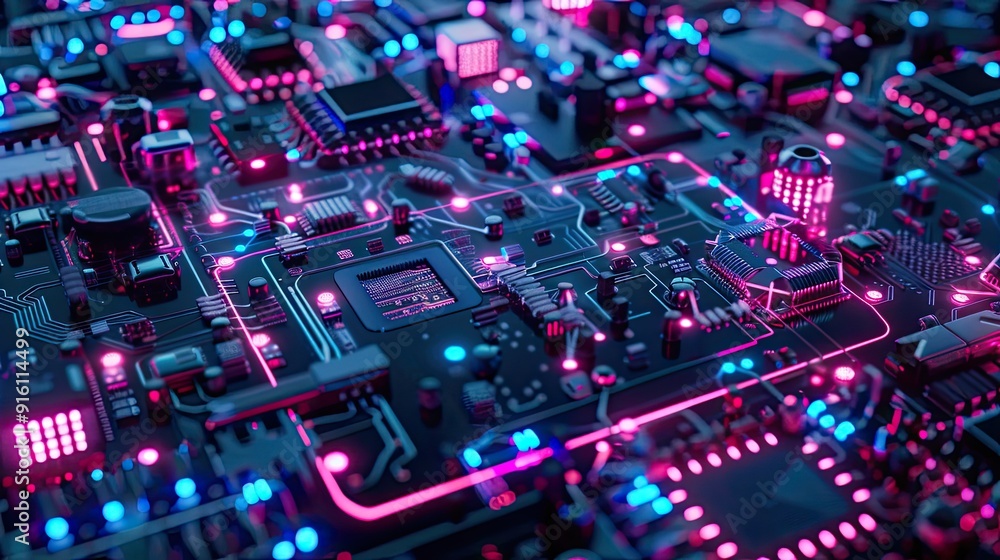 Close-up of a Circuit Board with Neon Lights Close-up of a Circuit Board with Neon Lights