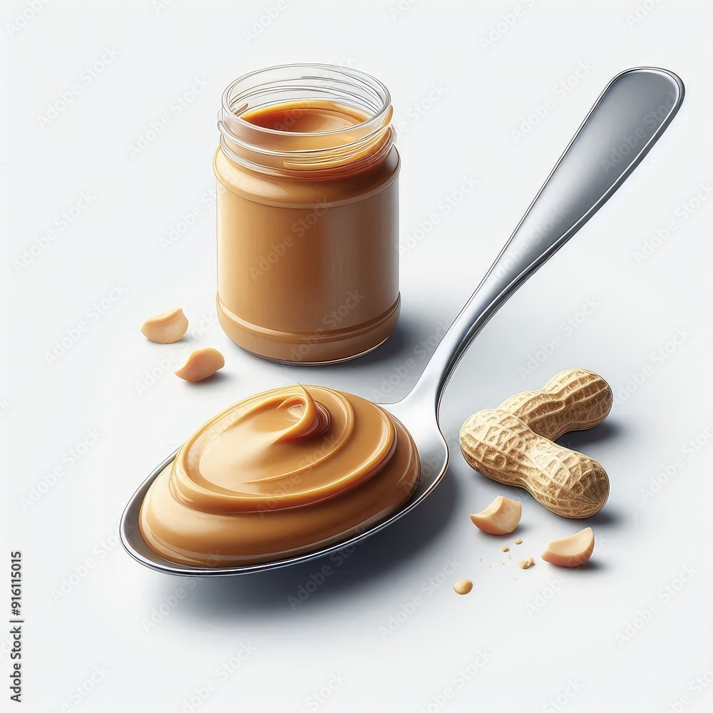 Metal spoon of Creamy peanut butter isolated on white background Metal spoon of Creamy peanut butter isolated on white background