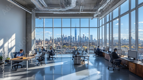 Modern office with cityscape view.