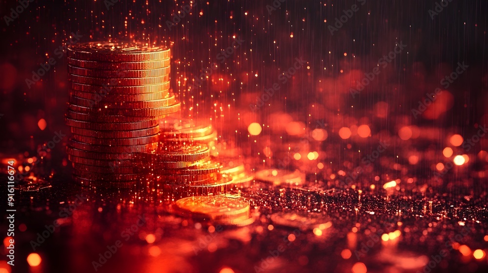 Naklejka premium Glowing Stack of Gold Coins with Trading Graph on Rainy Red Background