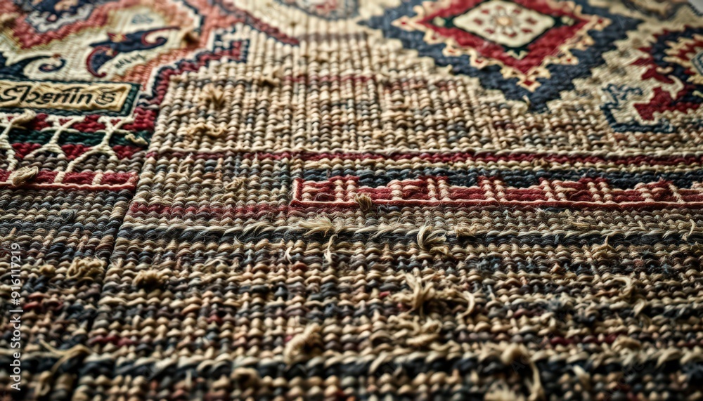 Close-up of worn rug texture. Close-up of worn rug texture.