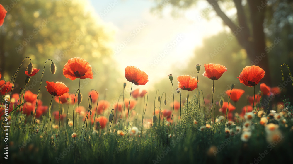 Obraz premium Scarlet poppies dance in the daylight breeze, painting the meadow in vibrant hues.