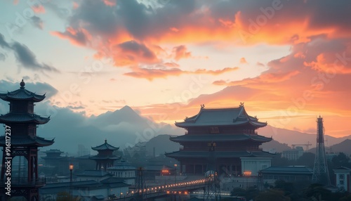 Chinese Pagoda Sunset.