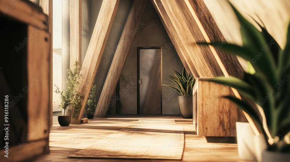 Sunbeams illuminate a wooden hallway with a door leading to an unknown space. Sunbeams illuminate a wooden hallway with a door leading to an unknown space.