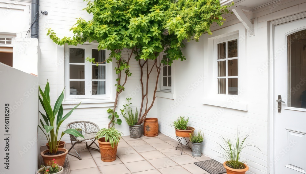 Fototapeta premium White Patio With Plants and Chair.