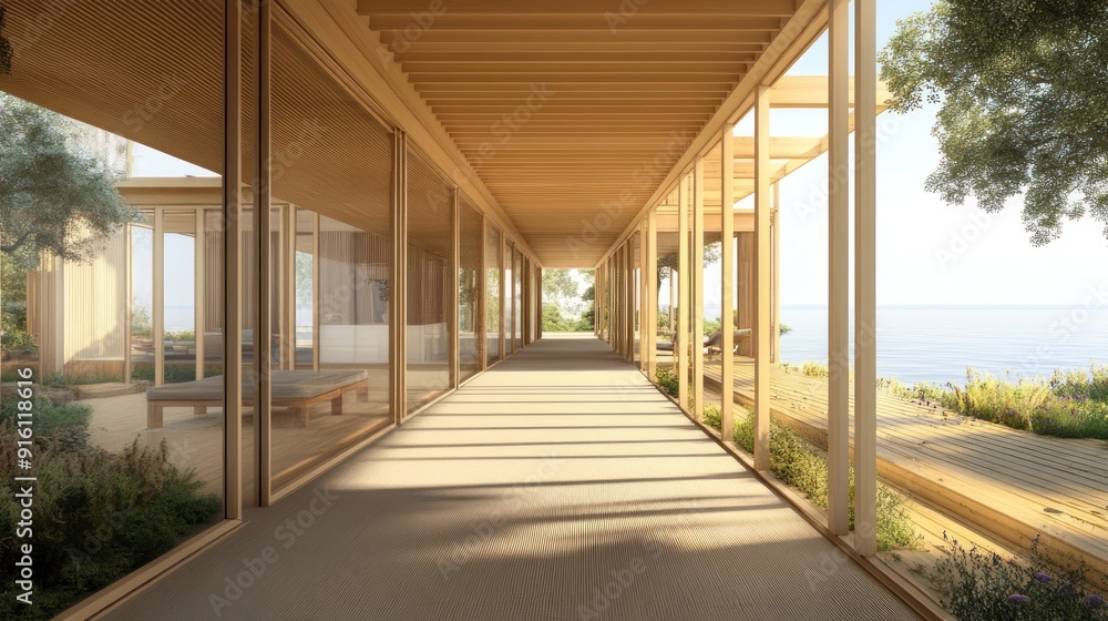 A wooden walkway with glass walls and a view of the ocean. A wooden walkway with glass walls and a view of the ocean.