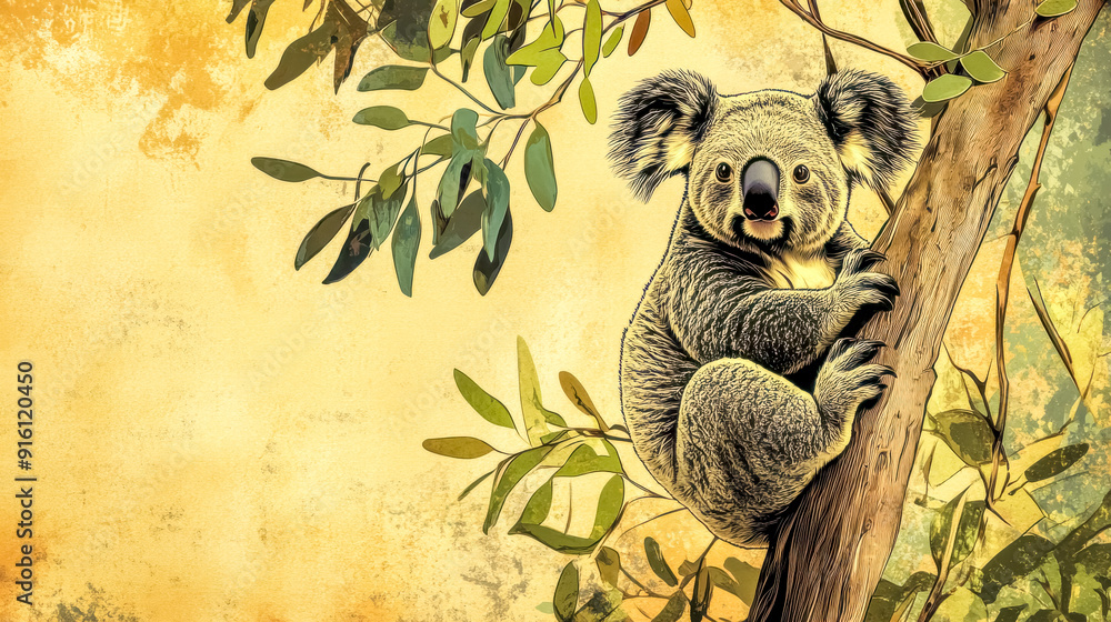 Fototapeta premium Australian koala bear sitting on eucalyptus tree branch illustration