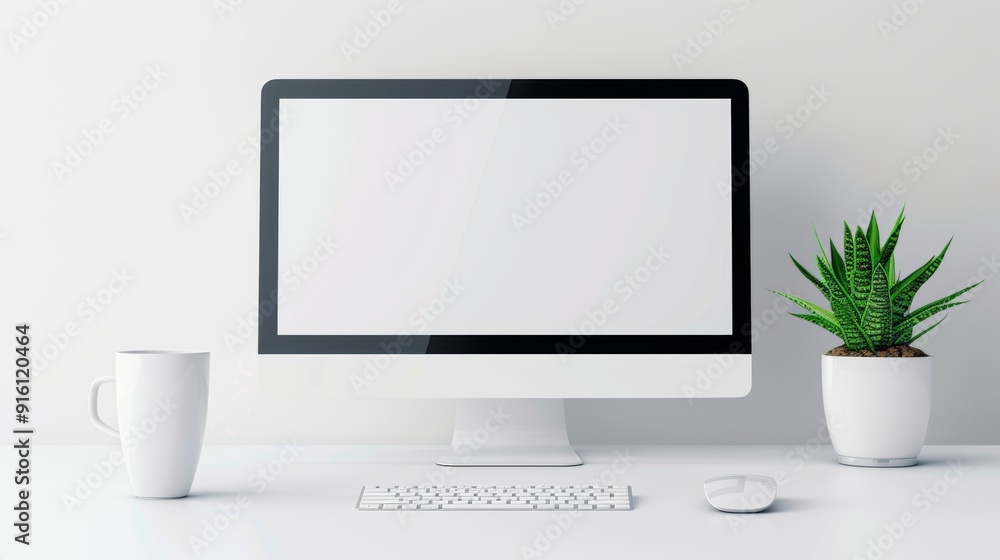 Fototapeta premium A minimalist computer with a keyboard, clean lines, 2D vector illustration, plain and simple design, white background