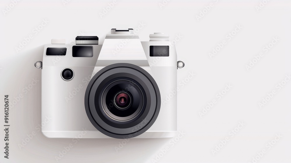 A minimalist camera with a lens, clean and simple design, 2D vector illustration, plain white background A minimalist camera with a lens, clean and simple design, 2D vector illustration, plain white background