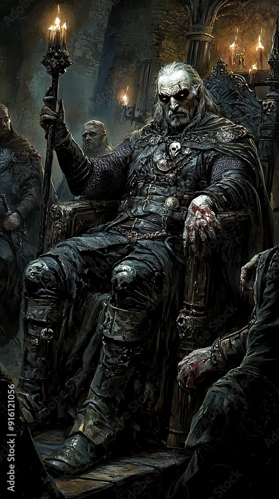 Ancient medieval vampire king on dark gothic throne, menacing evil fantasy ruler, undead tyrant lord Ancient medieval vampire king on dark gothic throne, menacing evil fantasy ruler, undead tyrant lord