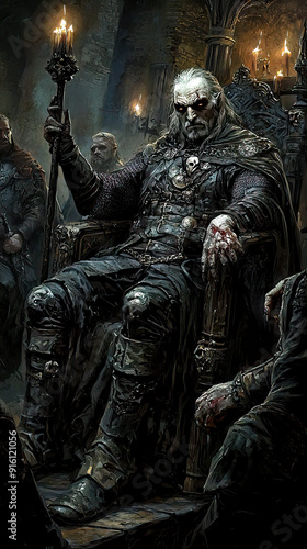 Ancient medieval vampire king on dark gothic throne, menacing evil fantasy ruler, undead tyrant lord 
