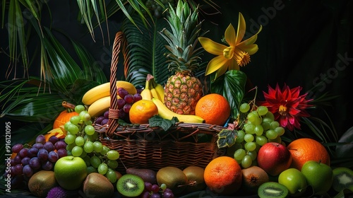 A Basket of Tropical Fruits with Flowers