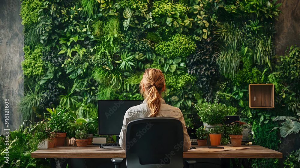 Woman working at a desk with a green wall behind her. Woman working at a desk with a green wall behind her.