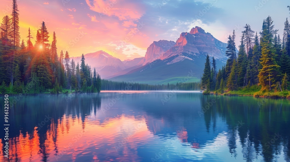 Majestic Mountain Range at Sunrise: Scenic Landscape with Forests, Lake, and Vibrant Sky Reflections Majestic Mountain Range at Sunrise: Scenic Landscape with Forests, Lake, and Vibrant Sky Reflections