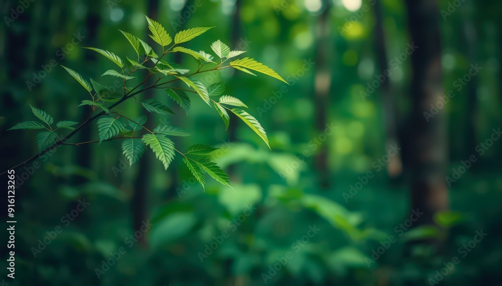 Fototapeta premium Green Leaf Branch In Forest.