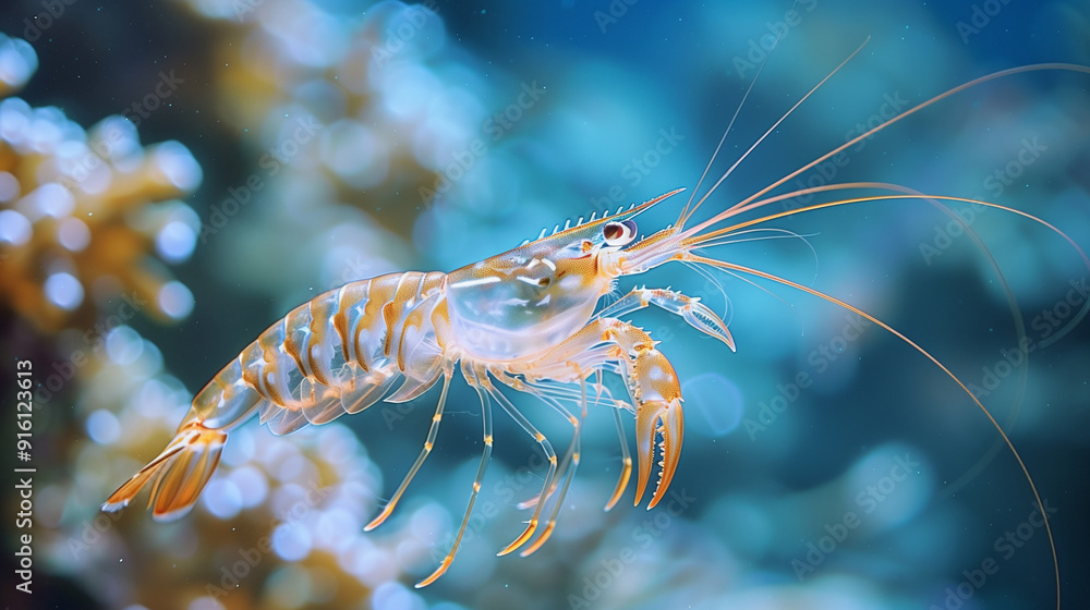 A translucent shrimp swimming in a vibrant underwater environment. A translucent shrimp swimming in a vibrant underwater environment.