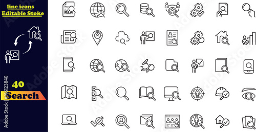 Search icon set. Containing magnifying glass, find, research, SEO and investigate icons , Magnify glass, find people, image zoom, database exploration . 