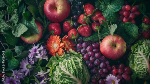 Fototapeta Naklejka Na Ścianę i Meble -  Flat lay of fresh fruits and vegetables with flowers and herbs
