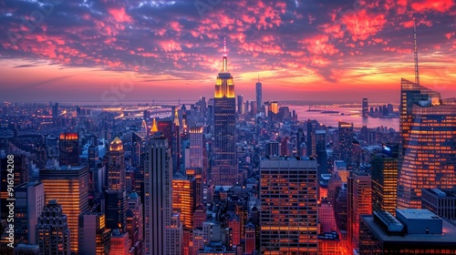 Twilight Majesty: Magnificent New York City Skyline Dazzling with Skyscrapers and City Lights