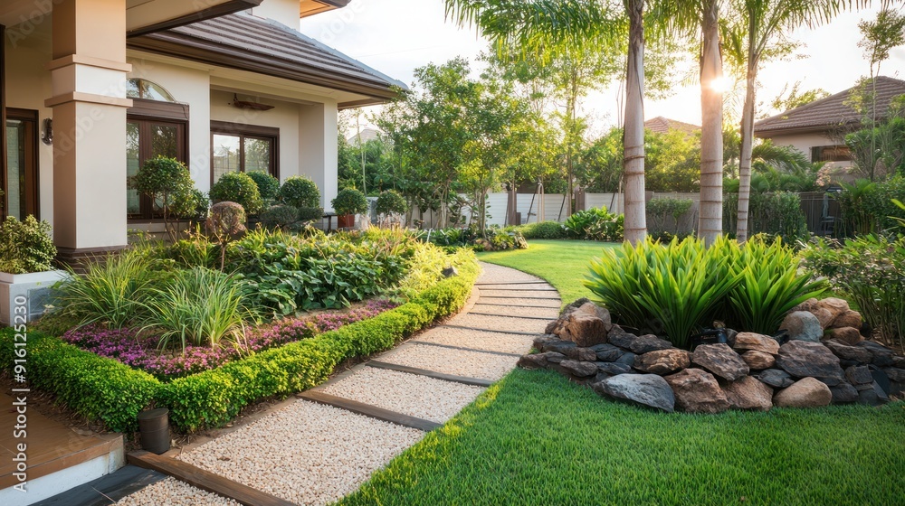 Stone path leading to a green lawn with lush foliage and a house in the background. Stone path leading to a green lawn with lush foliage and a house in the background.