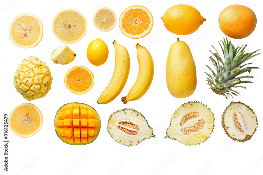 Assorted orange-yellow fruits such as lemon, banana, pineapple, mango, durian, cantaloupe, and melon, separated on a pristine white background, highlighting their fresh and colorful appearance Assorted orange-yellow fruits such as lemon, banana, pineapple, mango, durian, cantaloupe, and melon, separated on a pristine white background, highlighting their fresh and colorful appearance