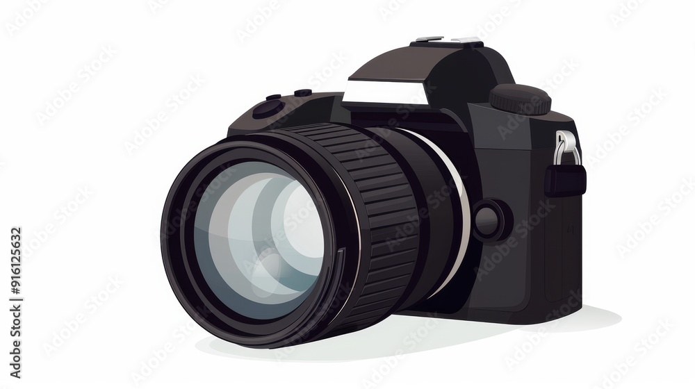 A minimalist camera with a lens, clean and simple design, 2D vector illustration, plain white background