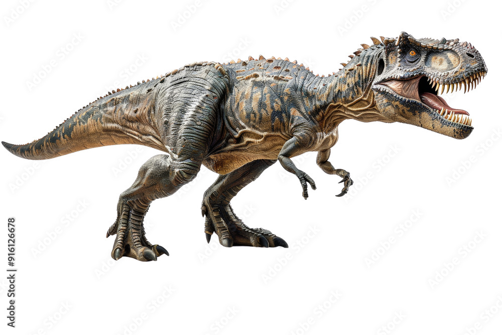 Fototapeta premium Carcharodontosaurus set against a white backdrop, emphasizing its robust physique, sharp teeth, and detailed appearance for a precise representation