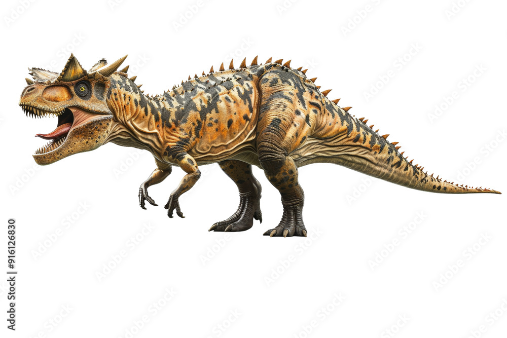 Obraz premium Carnotaurus dinosaur model, isolated against a white background, showcasing its distinctive horned head and short arms, detailed texture and coloration
