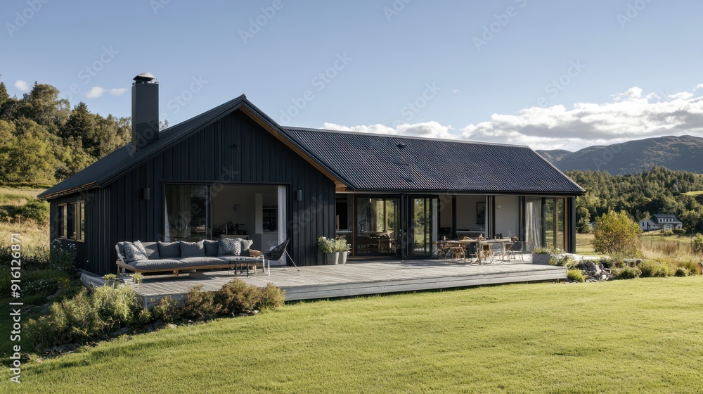 Modern black cabin with large windows and deck overlooking green grassy field. Modern black cabin with large windows and deck overlooking green grassy field.