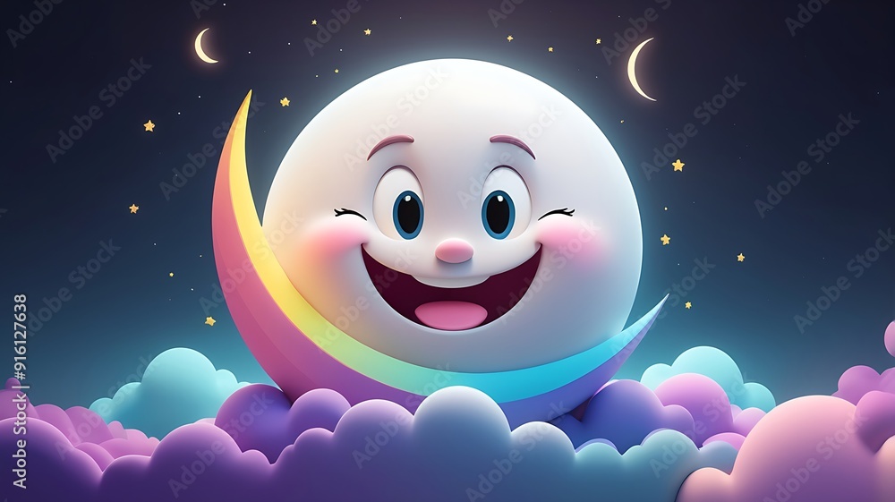 Smiling moon with teeth and pink trees in a night sky with stars. Suitable for childrens book illustrations or fantasy posters. Smiling moon with teeth and pink trees in a night sky with stars. Suitable for childrens book illustrations or fantasy posters.
