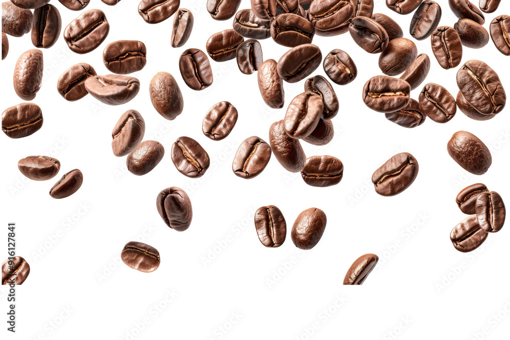 A multitude of brown coffee beans mid-flight, separated on a pristine white background, capturing their dynamic motion and glossy appearance A multitude of brown coffee beans mid-flight, separated on a pristine white background, capturing their dynamic motion and glossy appearance