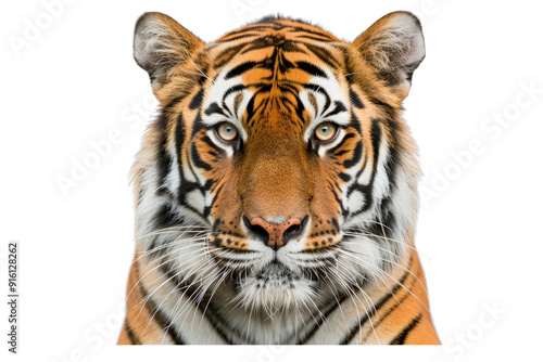 Asian Bengal tiger's face in a detailed close-up, looking straight at the camera, isolated on a white background, capturing its fierce expression and elegant markings