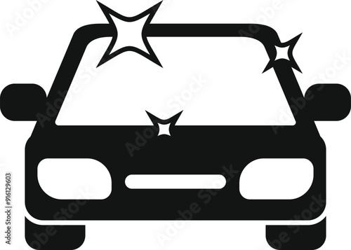 Black and white icon of a car front view shining after being washed at the carwash