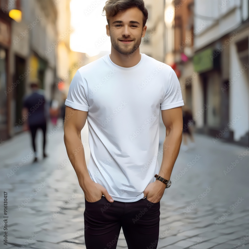 Young Male Model Wearing a White Tshirt Standing on the Street in Daylight, Mockup, AI