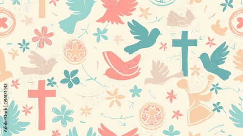 A vibrant pattern showcases doves, crosses, and flowers in soft pastel colors, creating a serene and uplifting design