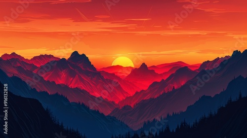 Wallpaper Mural Majestic Sunset Over Mountain Range - Awe-Inspiring Scenery with Vibrant Red and Orange Sky and Silhouettes of Peaks in the Horizon Torontodigital.ca